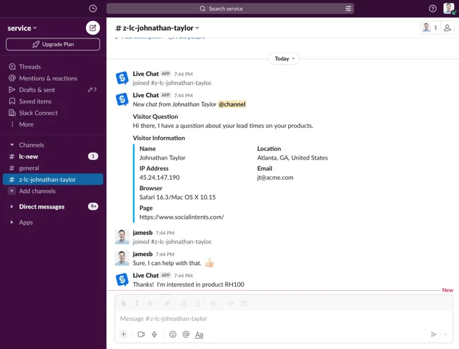 Slack Live Chat - Chat with website visitors directly from Slack
